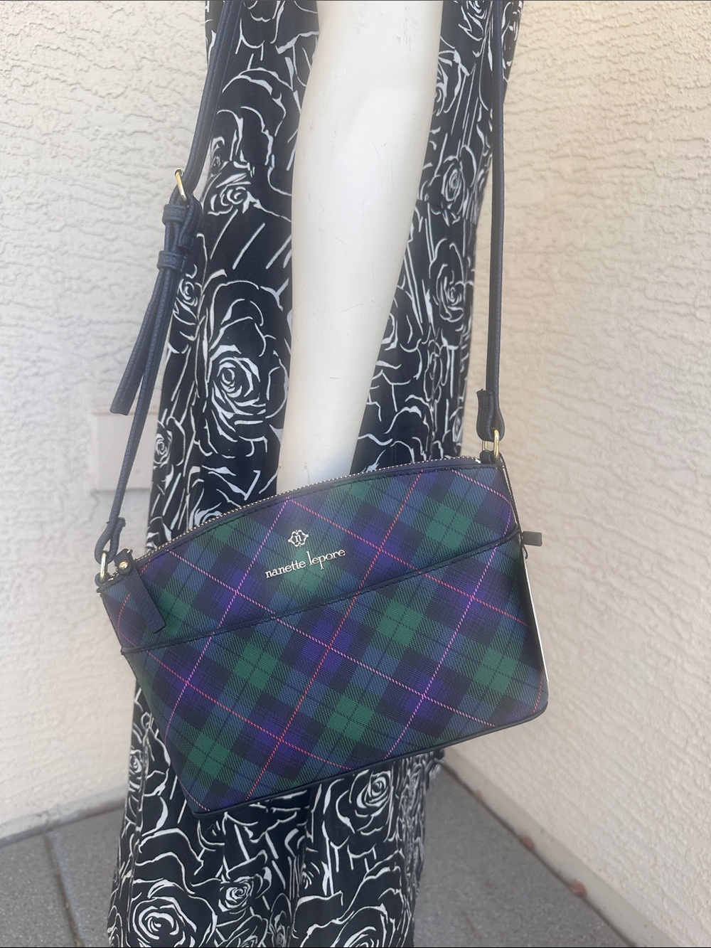 Nanette Lepore Green & Blue Plaid Crossbody with Purple Accents
